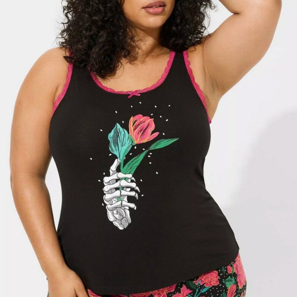 Torrid Sleep Tank Top Black with Pink Trim Skeleton Hand With Flower Print